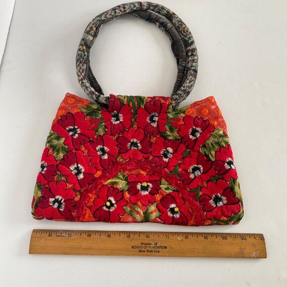 Handmade Red Floral Brocade Fabric Handbag With Loop and Hook Closure - Picture 6 of 7